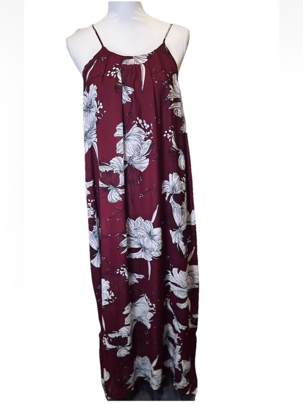 Hayden Los Angeles Burgundy White Floral Halter Neck Boho Maxi Sun Dress Size M